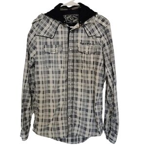 New! Buffalo David Bitton Hooded Blue/White Plaid Shirt - Sz M Open To Offers